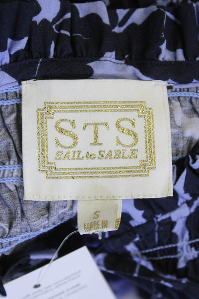 STS Sail To Sable Womens Floral Ruffle Short Sleeve Blouse Blue Size S