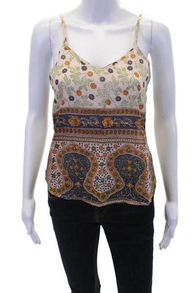 Bell Womens Spaghetti Strap V Neck Floral Tank Top White Brown Cotton Size XS