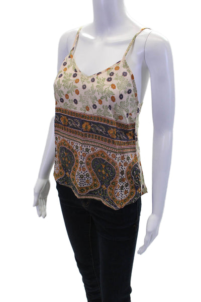 Bell Womens Spaghetti Strap V Neck Floral Tank Top White Brown Cotton Size XS