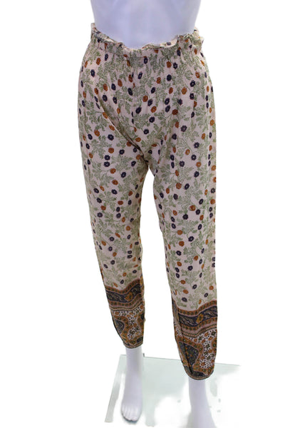 Bell Womens Smocked Waistband Floral Lightweight Pants White Brown Size XS