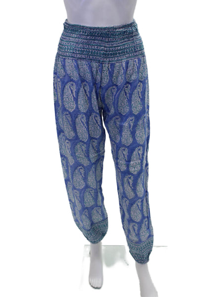Bell Womens Smocked High Rise Floral Paisley Pants Blue White Cotton Size Small