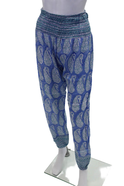 Bell Womens Smocked High Rise Floral Paisley Pants Blue White Cotton Size Small