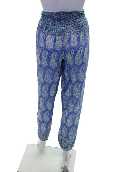 Bell Womens Smocked High Rise Floral Paisley Pants Blue White Cotton Size Small