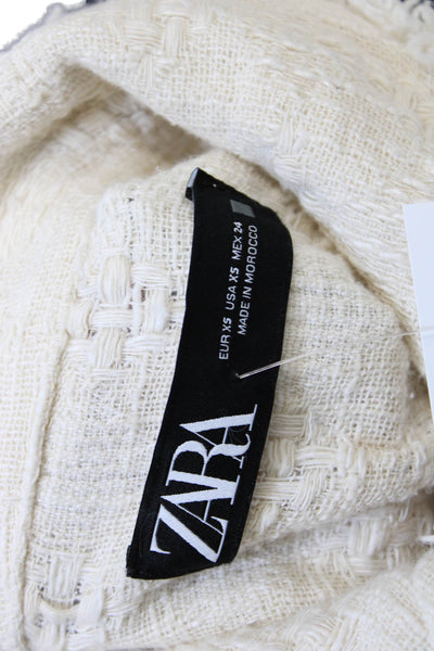 Zara Womens Woven Fringed Collared Buttoned Lightweight Jacket White Size XS