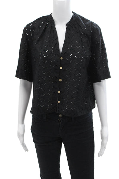 Zara Womens Eyelet Short Sleeves Button Down Shirt Black Cotton Size Medium