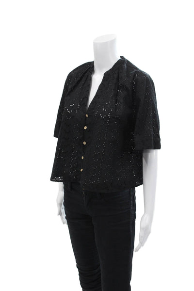 Zara Womens Eyelet Short Sleeves Button Down Shirt Black Cotton Size Medium