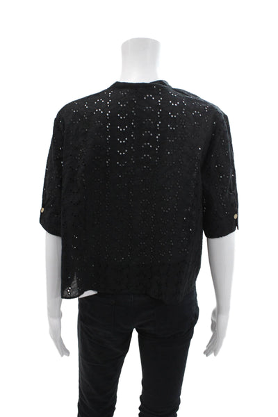 Zara Womens Eyelet Short Sleeves Button Down Shirt Black Cotton Size Medium