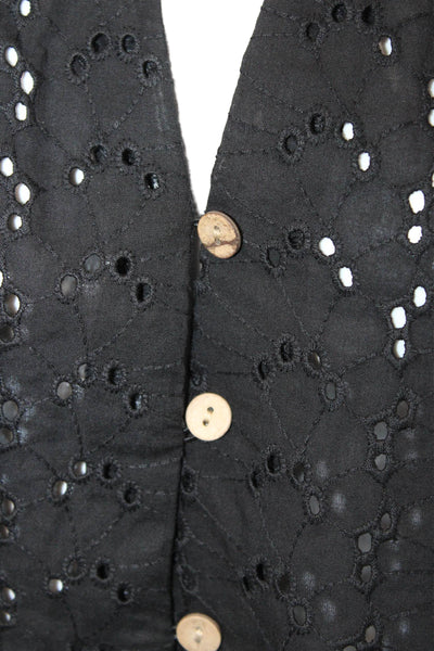 Zara Womens Eyelet Short Sleeves Button Down Shirt Black Cotton Size Medium