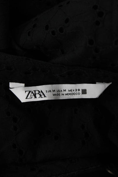 Zara Womens Eyelet Short Sleeves Button Down Shirt Black Cotton Size Medium
