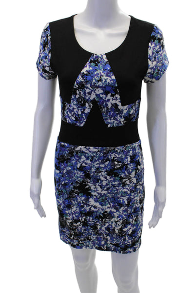 Parker Womens Round Neck Short Sleeve Floral Pencil Dress Blue Size M