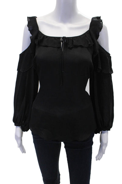 Parker Womens Long Sleeve Scoop Neck Ruffle Sleek Blouse Black Size M