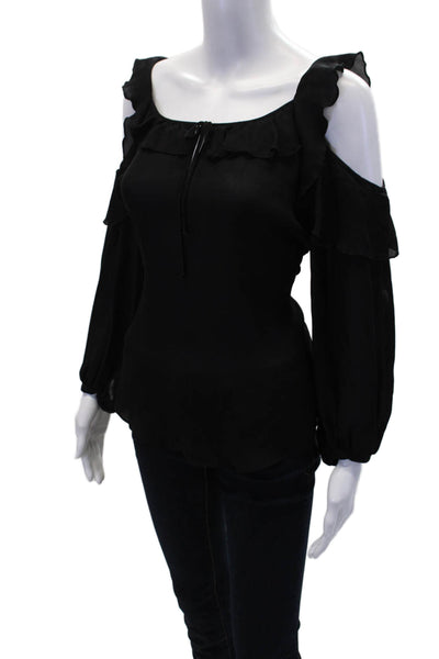 Parker Womens Long Sleeve Scoop Neck Ruffle Sleek Blouse Black Size M