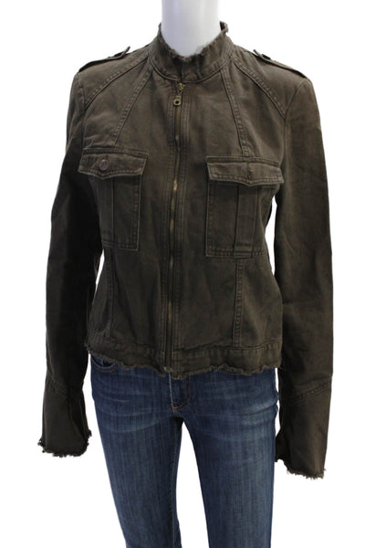 Joie Womens Front Zip Long Sleeve Crew Neck Jean Jacket Brown Size Large