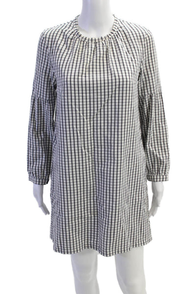 APC Womens Long Sleeve Crew Neck Plaid Knee Length Dress White Navy Size Small