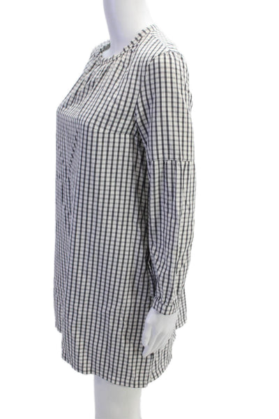APC Womens Long Sleeve Crew Neck Plaid Knee Length Dress White Navy Size Small