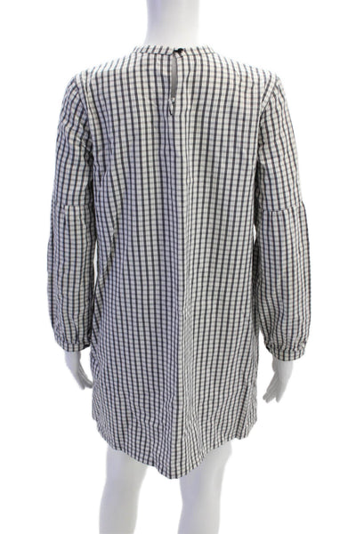 APC Womens Long Sleeve Crew Neck Plaid Knee Length Dress White Navy Size Small