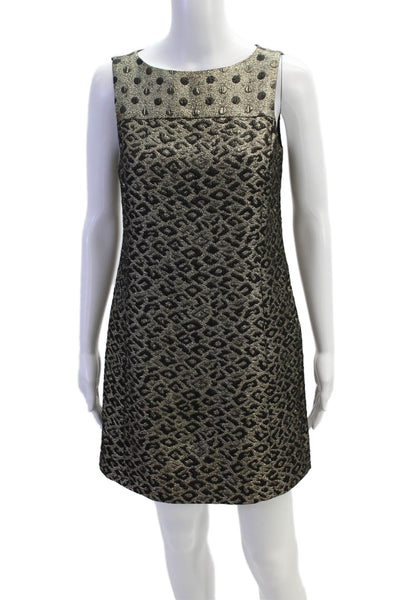 Tibi Womens Side Zip Scoop Neck Metallic Leopard Shift Dress Gold Black Size 2