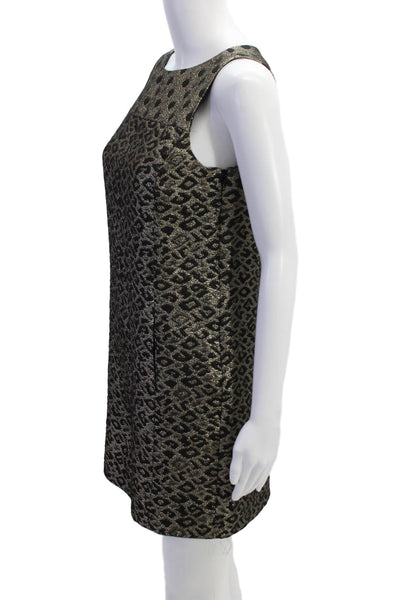 Tibi Womens Side Zip Scoop Neck Metallic Leopard Shift Dress Gold Black Size 2