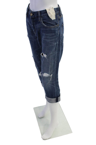 Current/Elliott Womens Zipper Fly High Rise Distressed Crop Jeans Blue Size 25