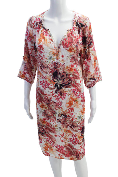 Dea Kudibal Womens Silk V Neck Long  Sleeve Floral Print Shift Dress Pink Size M