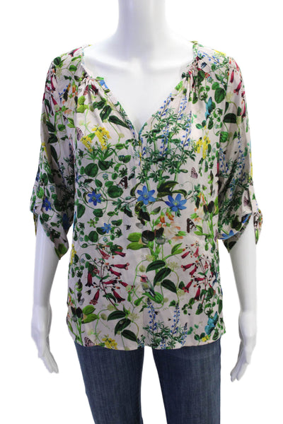 Dea Kudibal Womens Silk V Neck Short Sleeve Floral Print Blouse Multicolor Size