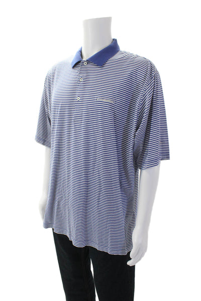 Fairway & Greene Mens Cotton Short Sleeve V-neck Button Stripe Top Blue Size XL