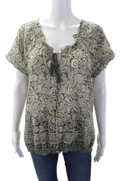 Joie Womens V-neck Short Sleeve Button Floral Pattern Top Green Size M