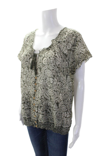 Joie Womens V-neck Short Sleeve Button Floral Pattern Top Green Size M