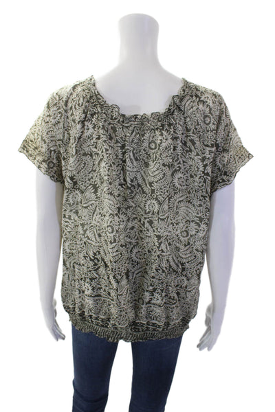Joie Womens V-neck Short Sleeve Button Floral Pattern Top Green Size M