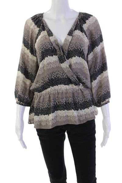 Parker Womens Silk Printed V Neck Pullover Blouse Beige Black Size Medium