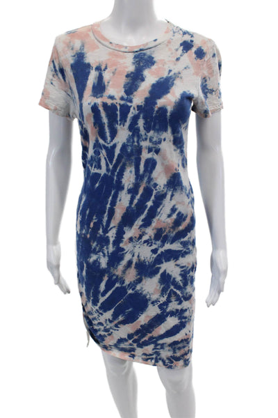 Pam & Gela Womens Cotton Side Rouched Tie Dye Casual Shirt Dress Blue Size S