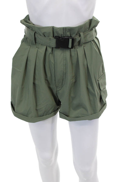 Blanc Noir Womens Zippered Buckled High-Waisted Cargo Shorts Green Size S