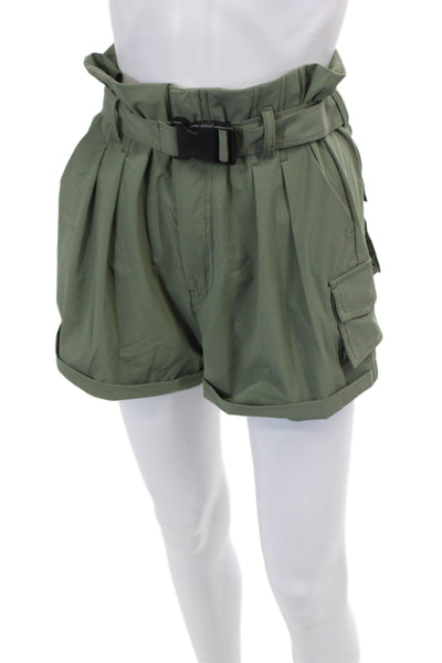 Blanc Noir Womens Zippered Buckled High-Waisted Cargo Shorts Green Size S