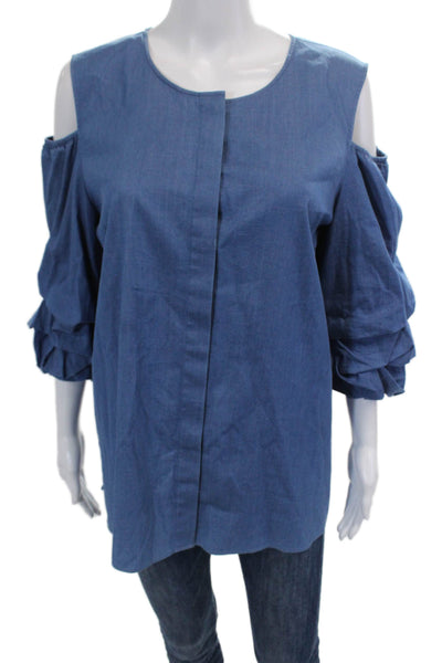 Lafayette 148 New York Womens Cotton Cold Shoulder Detail Blouse Blue Size L
