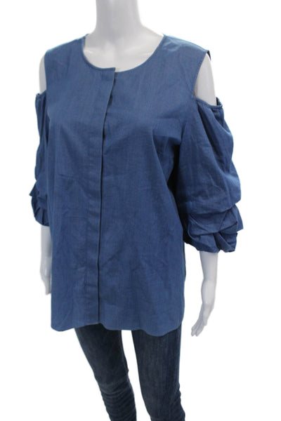 Lafayette 148 New York Womens Cotton Cold Shoulder Detail Blouse Blue Size L