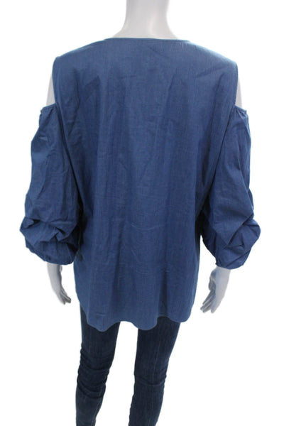 Lafayette 148 New York Womens Cotton Cold Shoulder Detail Blouse Blue Size L