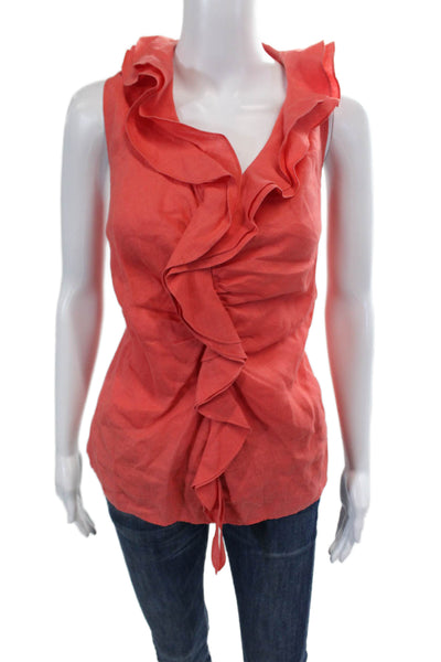 Lafayette 148 New York Womens Linen V-Neck Ruffled Detail Blouse Pink Size 14