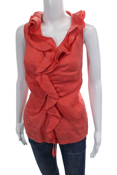 Lafayette 148 New York Womens Linen V-Neck Ruffled Detail Blouse Pink Size 14