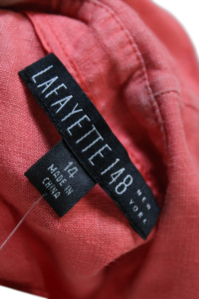 Lafayette 148 New York Womens Linen V-Neck Ruffled Detail Blouse Pink Size 14