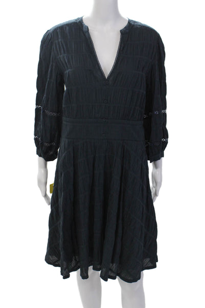 Purotatto Womens Cotton Y-Neck Long Sleeve A-Line Knee Length Dress Blue Size 46