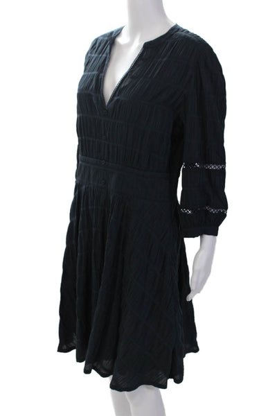 Purotatto Womens Cotton Y-Neck Long Sleeve A-Line Knee Length Dress Blue Size 46