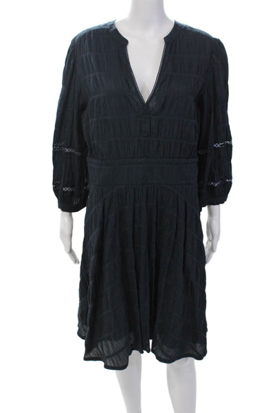 Purotatto Womens Cotton Y-Neck Long Sleeve A-Line Knee Length Dress Blue Size 48