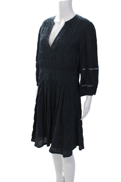 Purotatto Womens Cotton Y-Neck Long Sleeve A-Line Knee Length Dress Blue Size 48