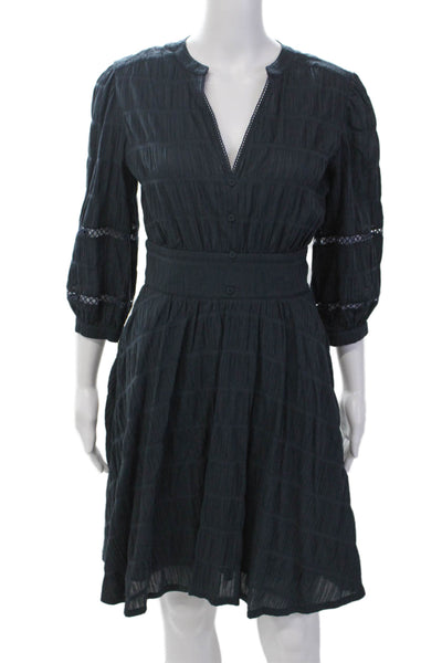 Purotatto Womens Cotton Y-Neck Long Sleeve A-Line Knee Length Dress Blue Size 40