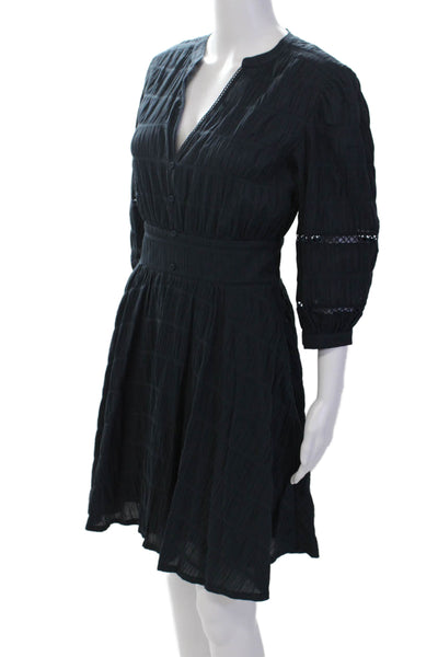 Purotatto Womens Cotton Y-Neck Long Sleeve A-Line Knee Length Dress Blue Size 40