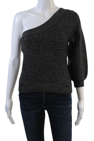 MNG Womens Metallic Short Sleeve One Shoulder Knit Top Black Size XS