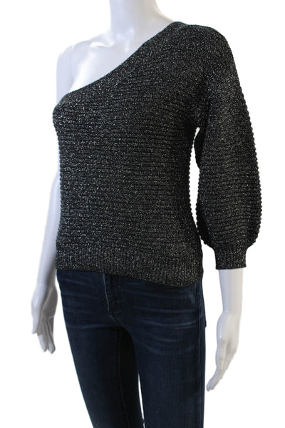 MNG Womens Metallic Short Sleeve One Shoulder Knit Top Black Size XS