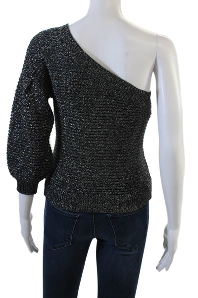 MNG Womens Metallic Short Sleeve One Shoulder Knit Top Black Size XS