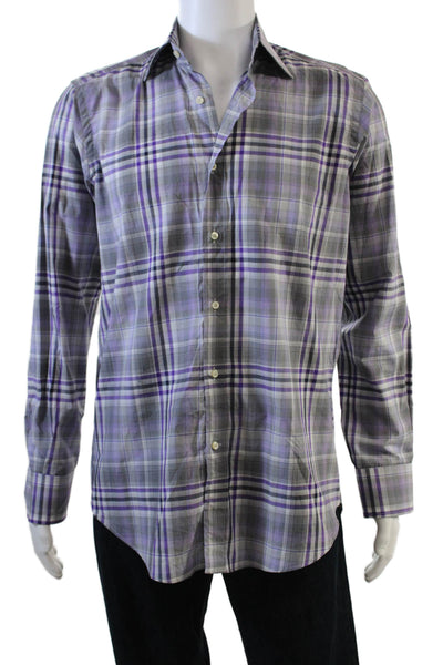 Etro Mens Button Front Long Sleeve Collared Plaid Shirt Purple Gray Size 38