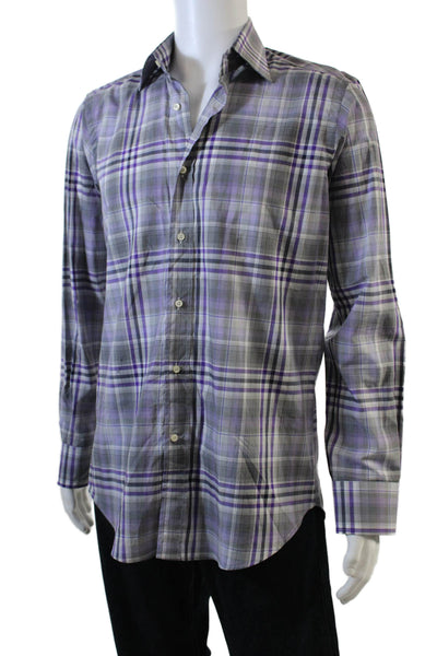 Etro Mens Button Front Long Sleeve Collared Plaid Shirt Purple Gray Size 38